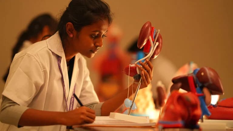 Student studying an anatomical model